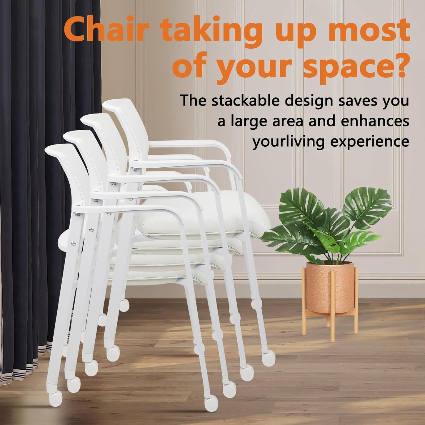 CLATINA Stacking Office Chairs | Mesh Back, Thicken Leather Seat and Arms, Ergonomic Lumber Support | Guest Reception, Waiting, Conference, School, Party, Customer, Side, Stationary | Set of 2, White