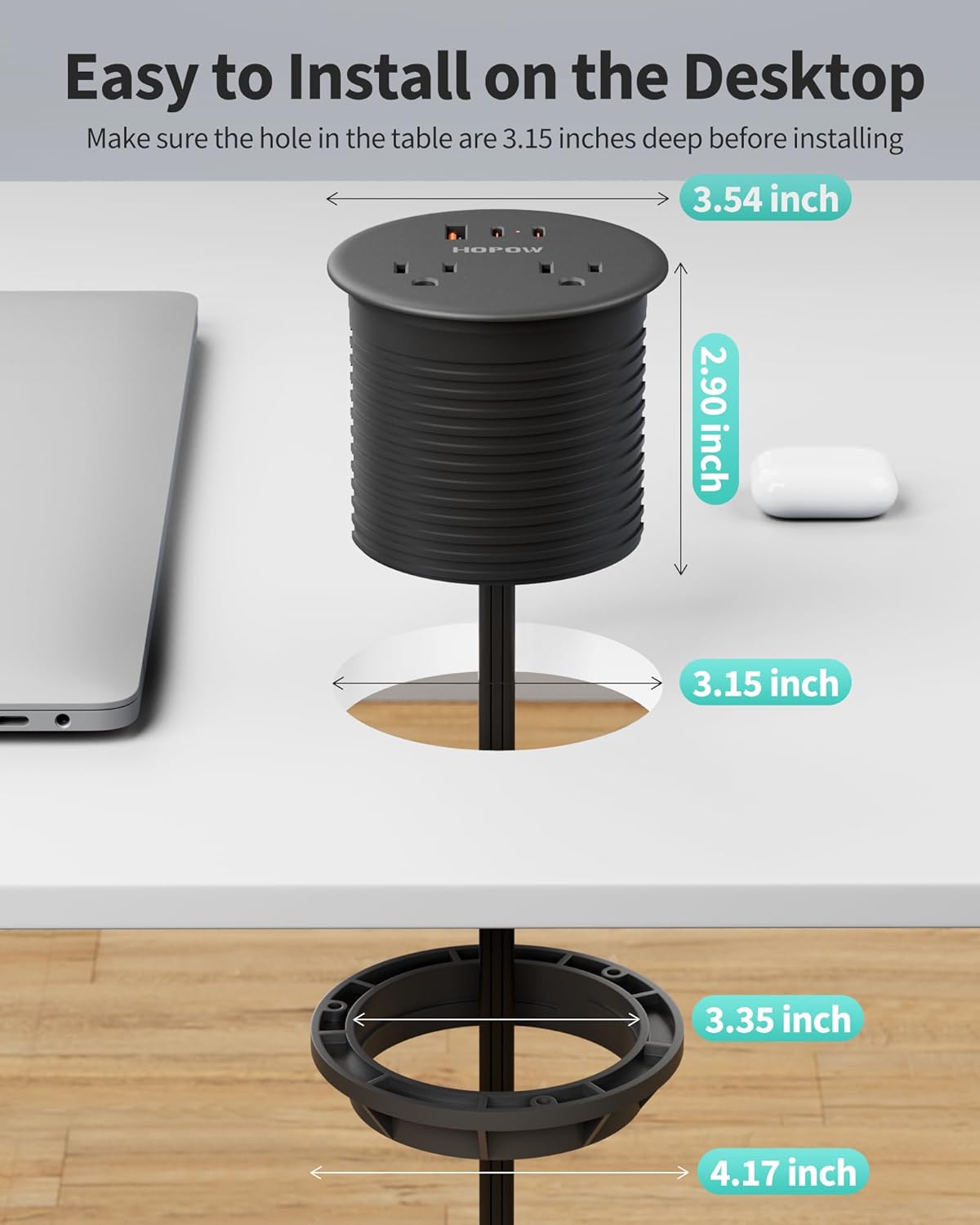 Recessed Desk Power Grommet with 4 AC Outlets 3 USB Ports (2USB C), Dual-Sided Flush Mount Outlet Charging Station for Desktop, Conference Room, Furniture Table, 6.5 FT Cord, Black