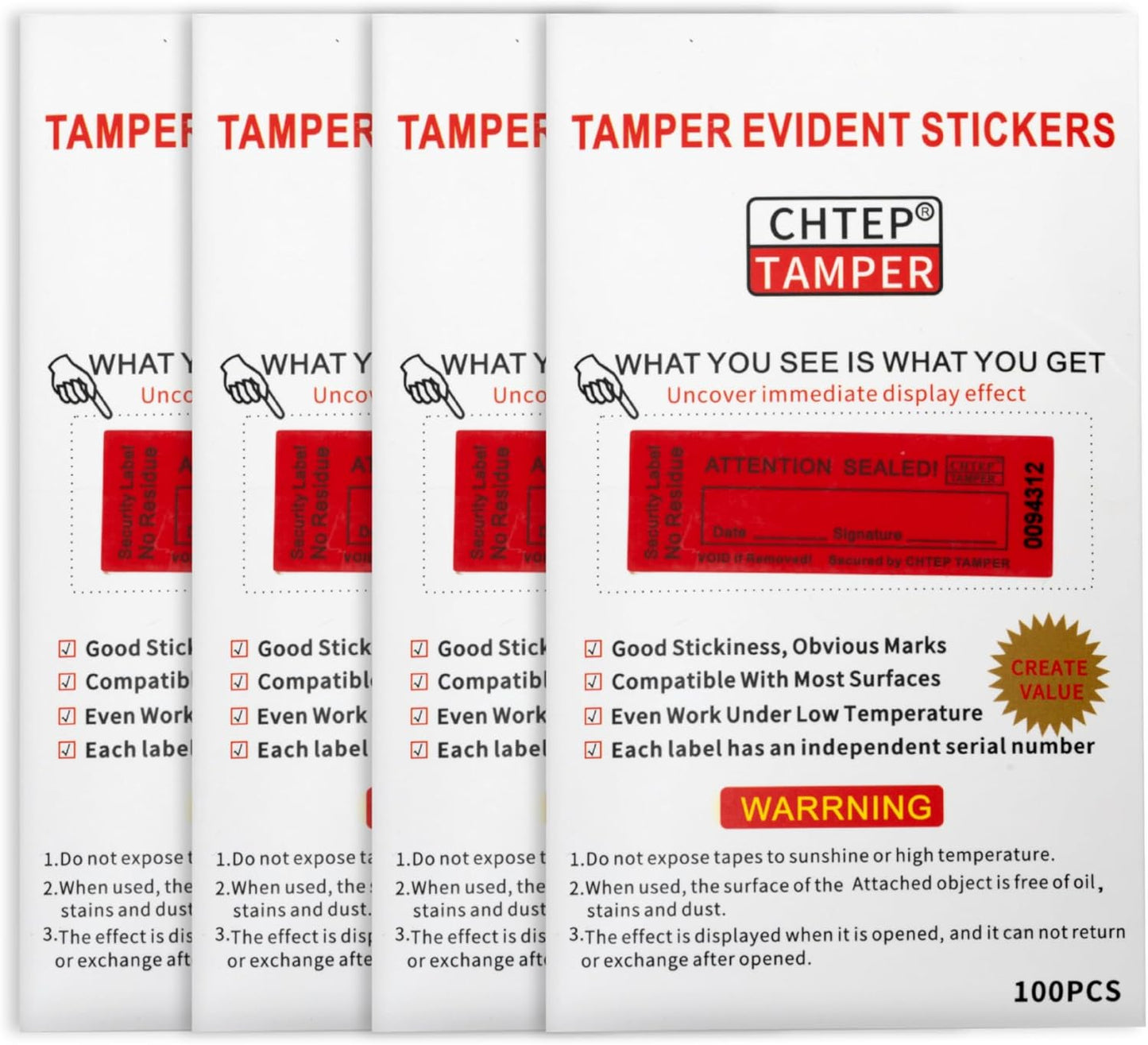 ChtepTamper 100 Pieces No Transfer Tamper-Evident Stickers Security Labels Great for Goods Shipping,Exchange of Agency Files, Privacy Protection or More(Serial Number 0.8 * 2.4inches Red)