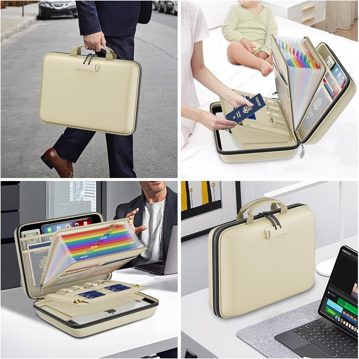 DocSafe Fireproof File Organizer with Lock, Hard-Shell Case Fireproof Document Box with 13 Pocket Accordion File Folder, Portable Home Office Travel Safe Storage for Important Documents Laptop Beige