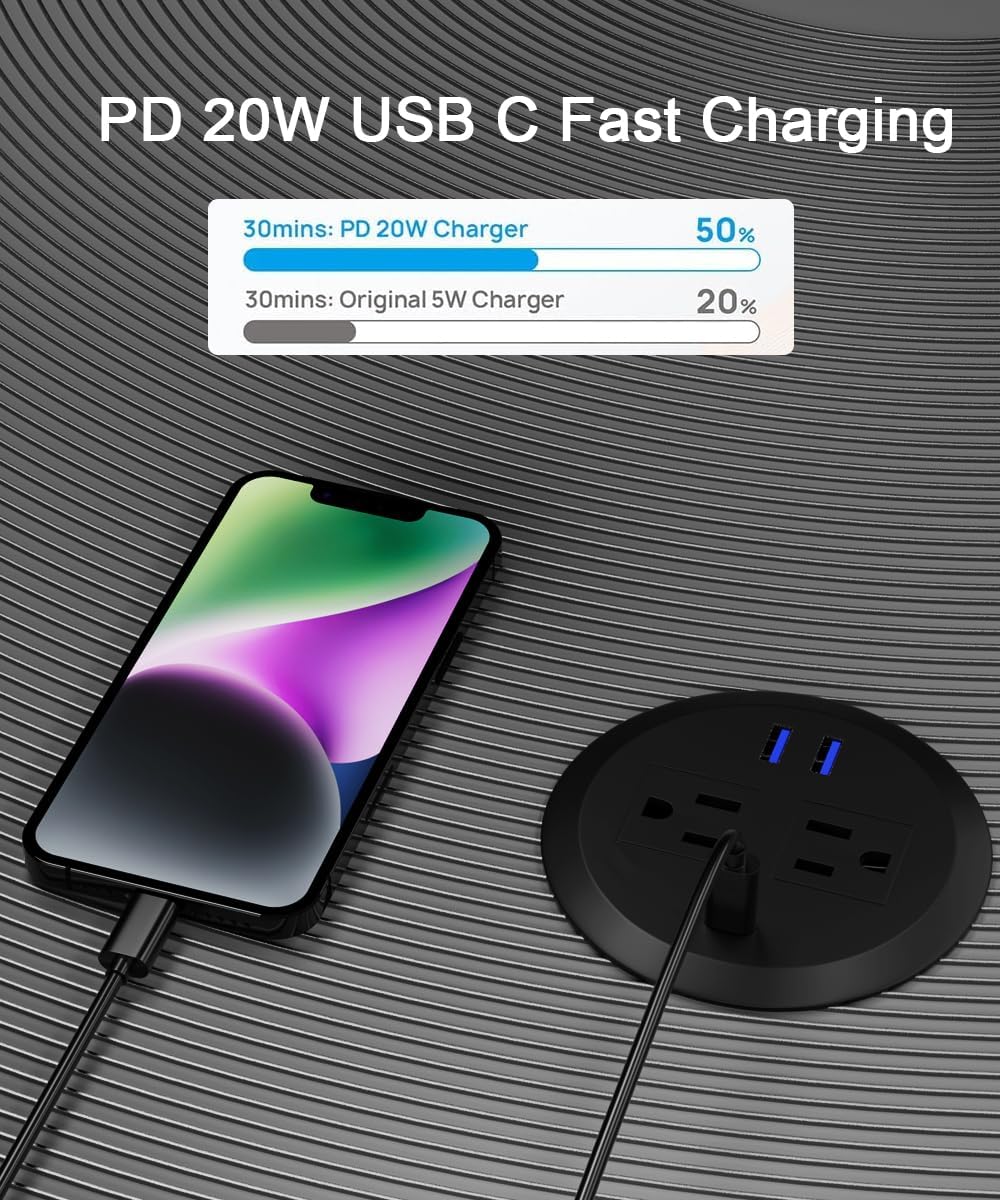 4 pcs 3 Inch Desktop Power Grommet,20W USB C Fast Charging Station,3-USB Port,Flush Mount,6.5 ft Power Cord.Round Recessed Power Outlet,Desk Hole Grommet Outlet for Workspace,Sofa,Black