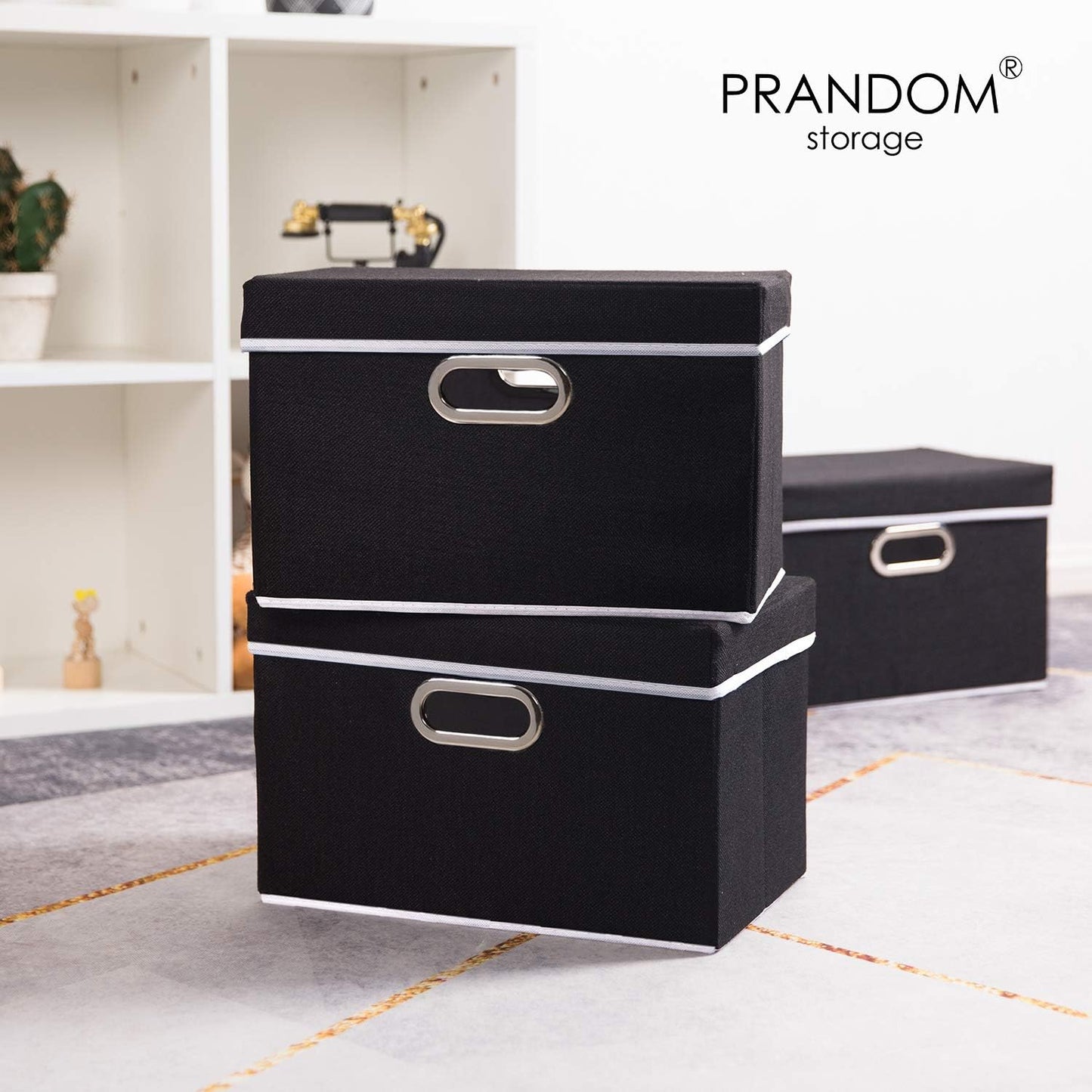 PRANDOM Foldable Storage Box with Lid [1-Pack] Fabric Collapsible Storage Bin Organizer Container Basket Cube with Cover for Home Bedroom Closet Office Nursery Black (14.9x9.8x9.8)