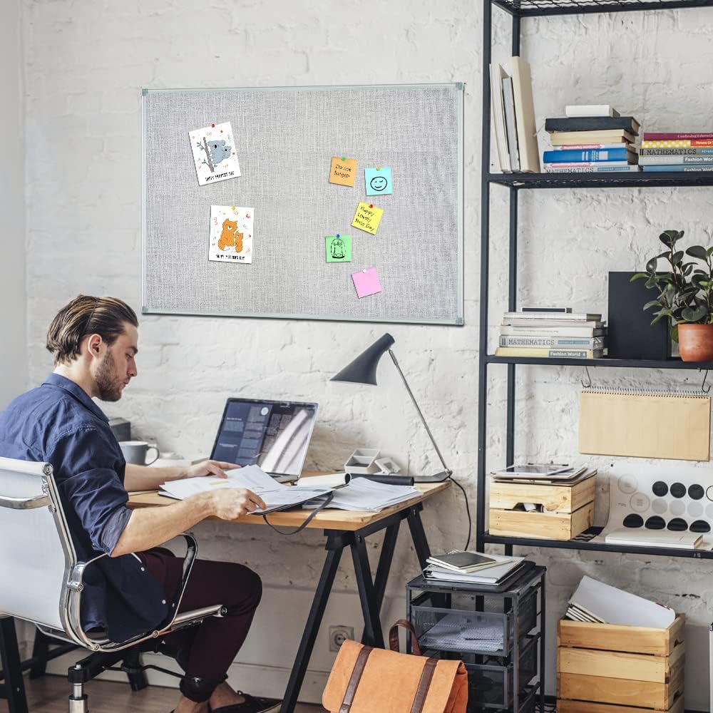 Lockways 36" x 24" Premium Cork Bulletin Board, Light Grey Framed Linen Fabric Pinboard with Silver Aluminum Frame for Home, Office & Kitchen Organization