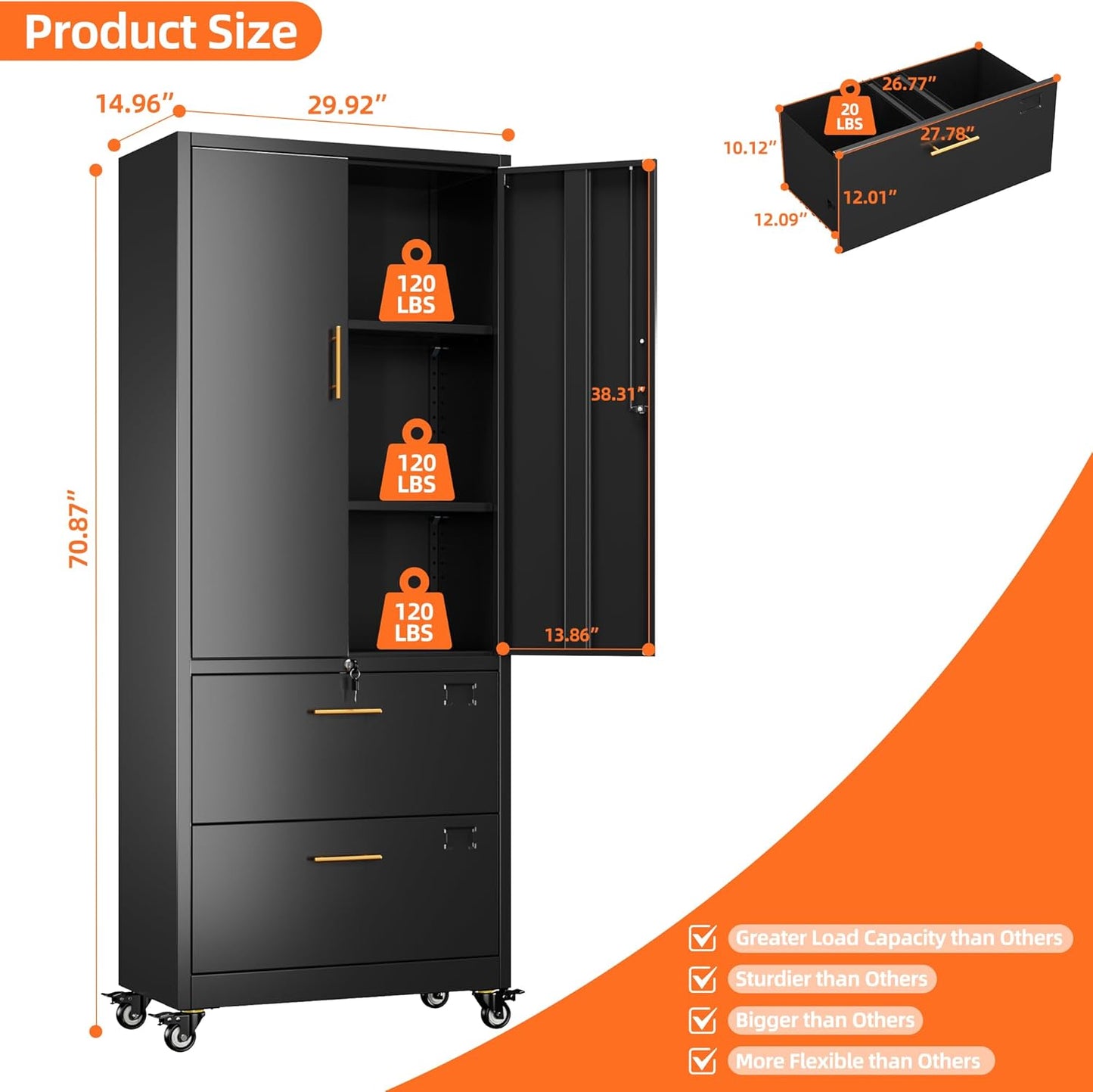 Aobabo Metal 2 Drawers Lateral File Storage Cabinet and Unit Adjustable Shelf Organizer, 2 Door Storage Office Steel Files Cabinet with Wheels, Legal/Letter A4 Size, Assembly Required, Black