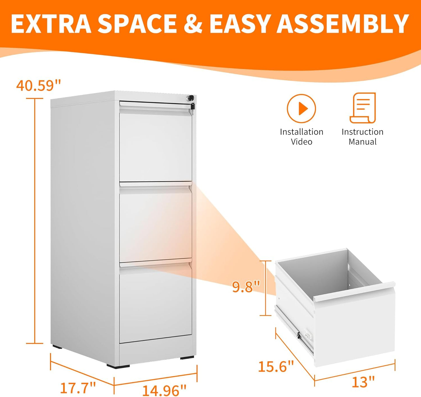 Metal File Cabinet with 3 Drawer Heavy Duty Locking File Cabinets Home Office Steel Filing Cabinet Vertical File Cabinets for Legal/Letter Size File,Assembly Required