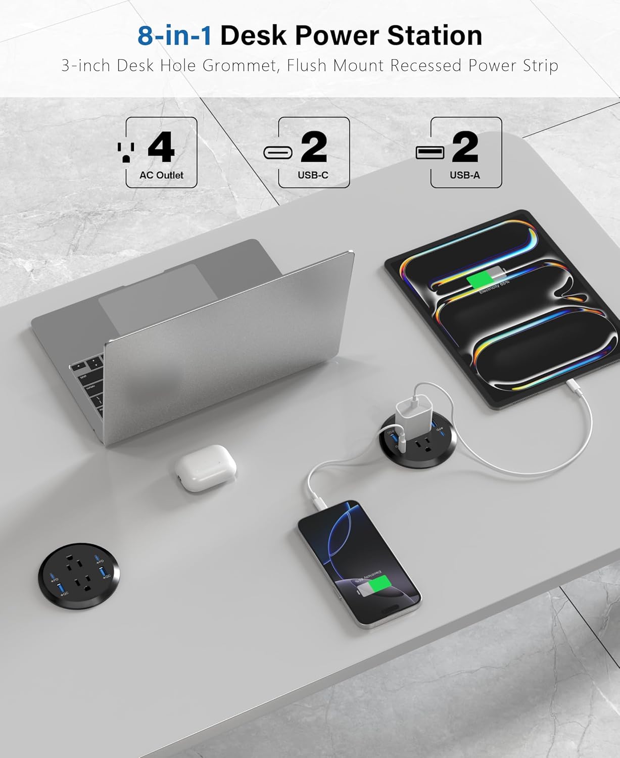 Jgstkcity Power Strip,Flush Mount Recessed Power Grommet,65W USB C Fast Charging,3-Inch Hole, 4 Outlets & 4 Ports, Ideal for Desktop & Countertop Outlet,Dual-Sided (Black, 10FT)