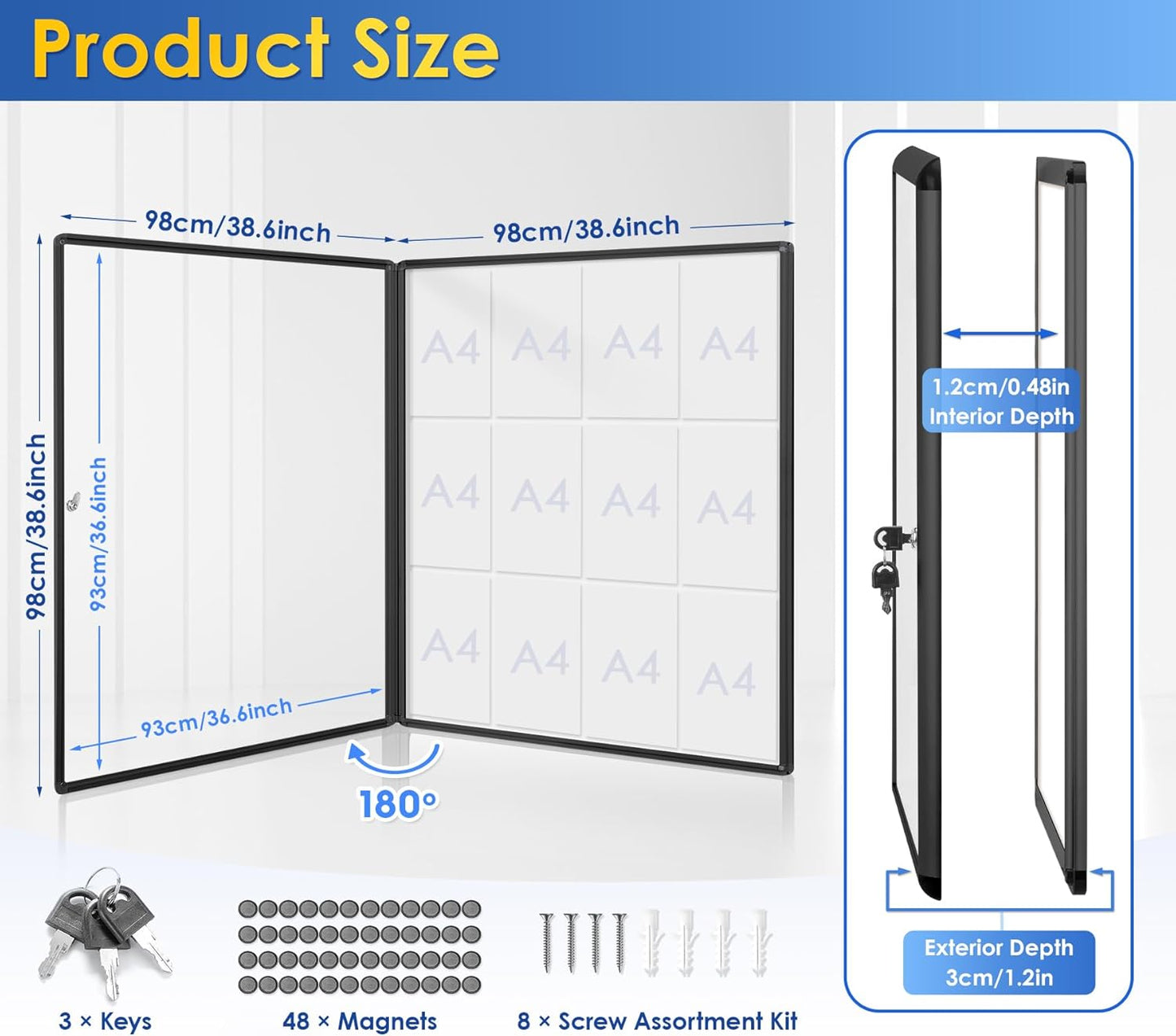 SWANCROWN Enclosed Bulletin Board Black Frame Enclosed Display Case,with Magnets,for School Message Notice, 38x38inch (12xA4)