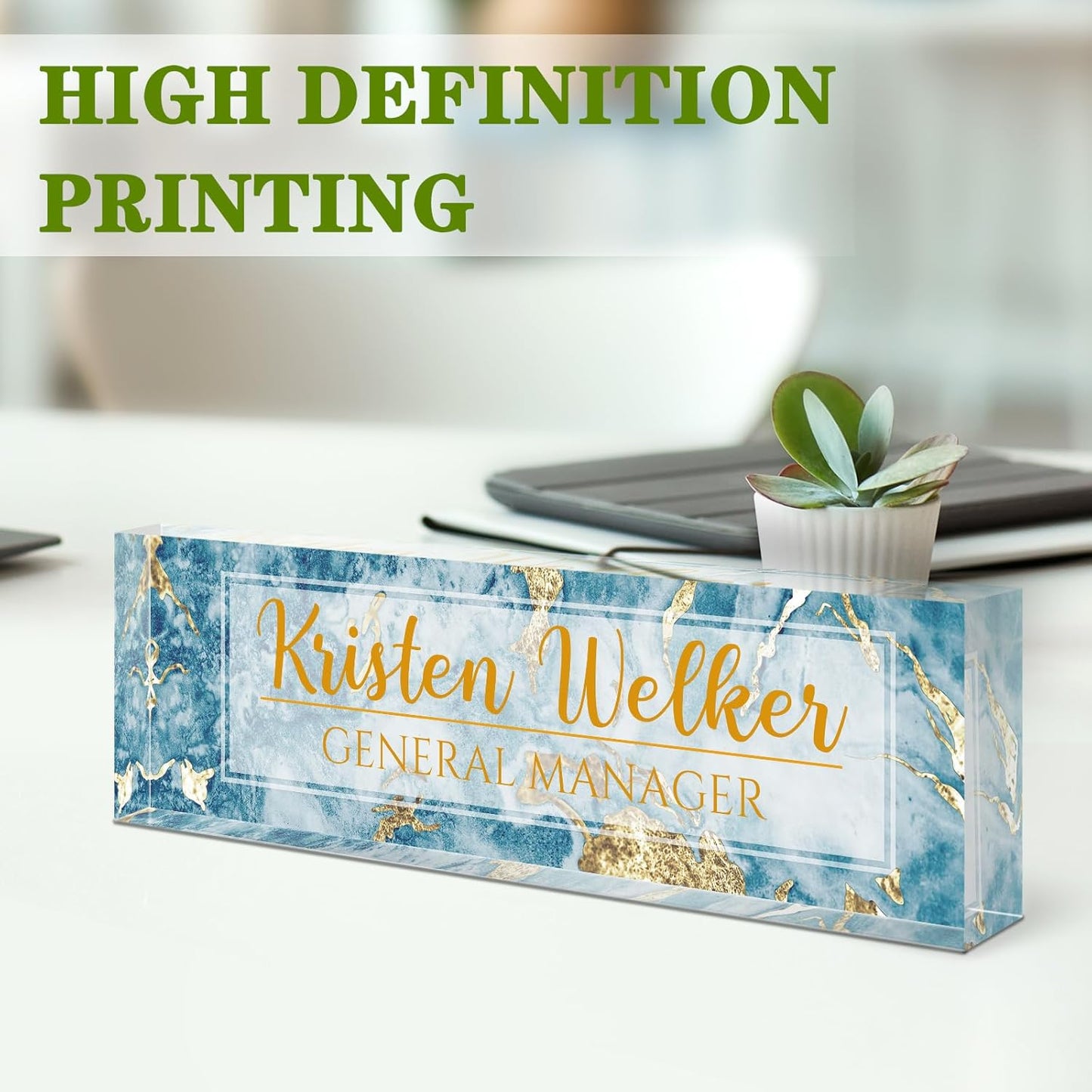 Gowellly Desk Name Plate Personalized - Custom Acrylic Name Plate for Desk - Enterprise Custom Logo/Text nameplates - Employee Appreciation Gifts (Blue Marble)