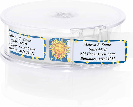 Celestial Blue Designer Rolled Address Labels with Elegant Plastic Dispenser