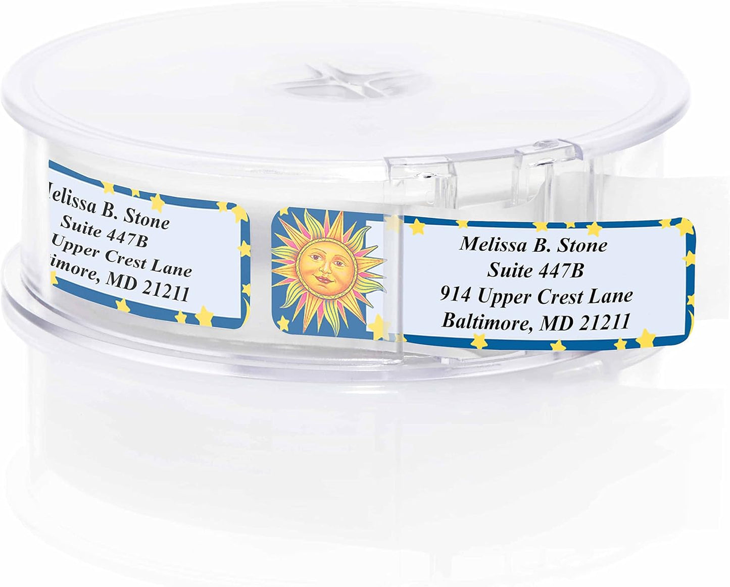 Celestial Blue Designer Rolled Address Labels with Elegant Plastic Dispenser