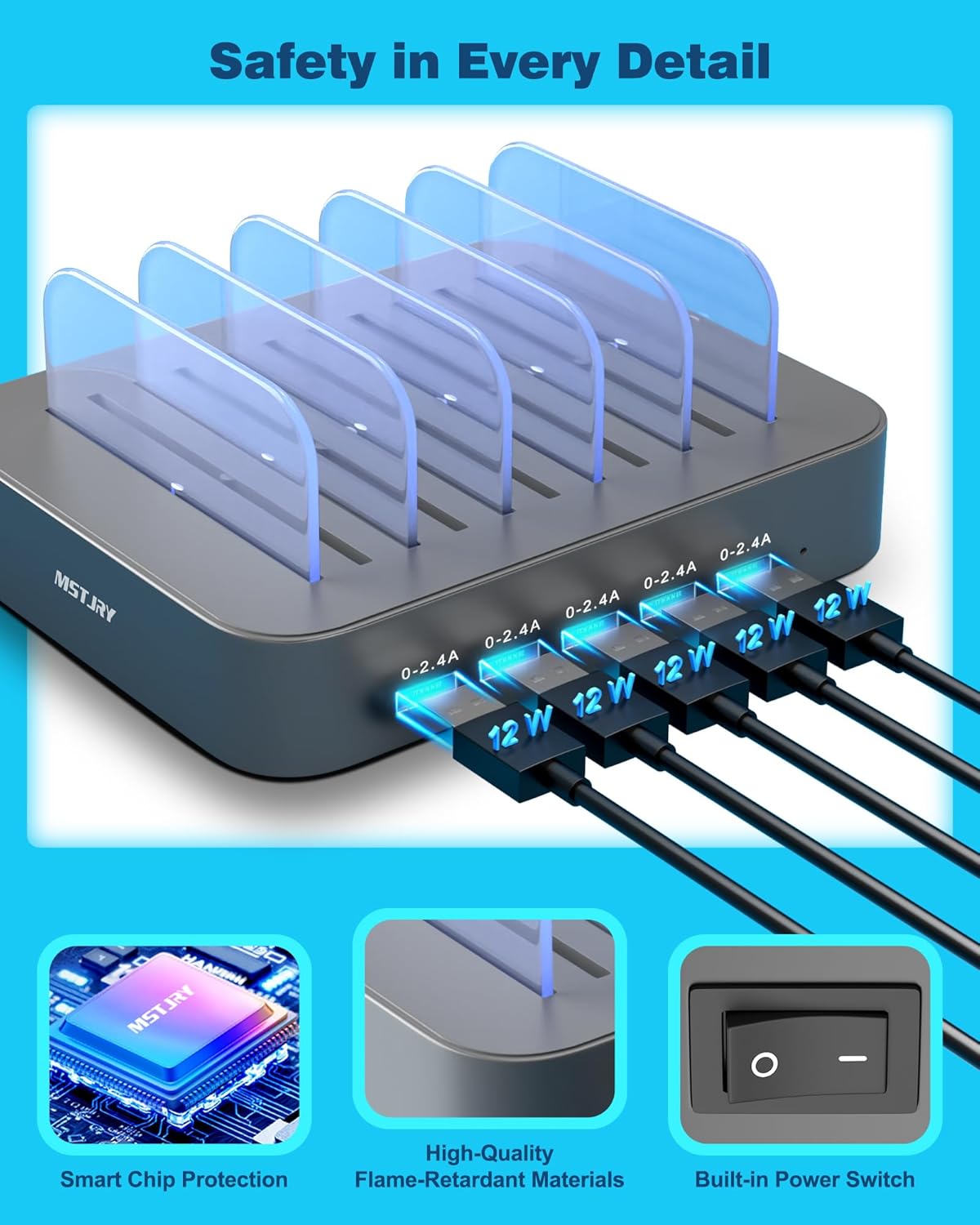MSTJRY Charging Station for Multiple Devices : 5 Port Multi USB-A Charger Stations Multi-Device Organizer Charging Dock Designed for iPhone iPad Cell Phone Tablets (7 Short Cables Included), Gray