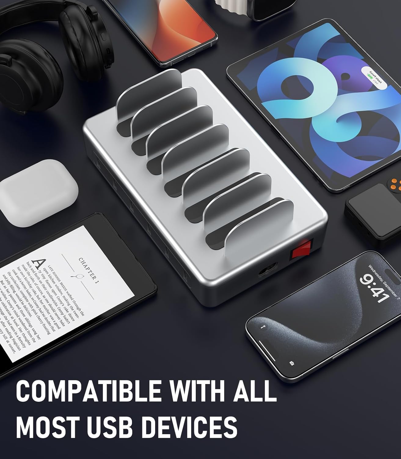 CREATIVE DESIGN 6 Port Charging Station for Multiple Devices,50W Multi Phone Charging Station with 6 Cables, Multiple USB Charger Station Designed for Cellphone iPad iPhone Tablet (Silver)