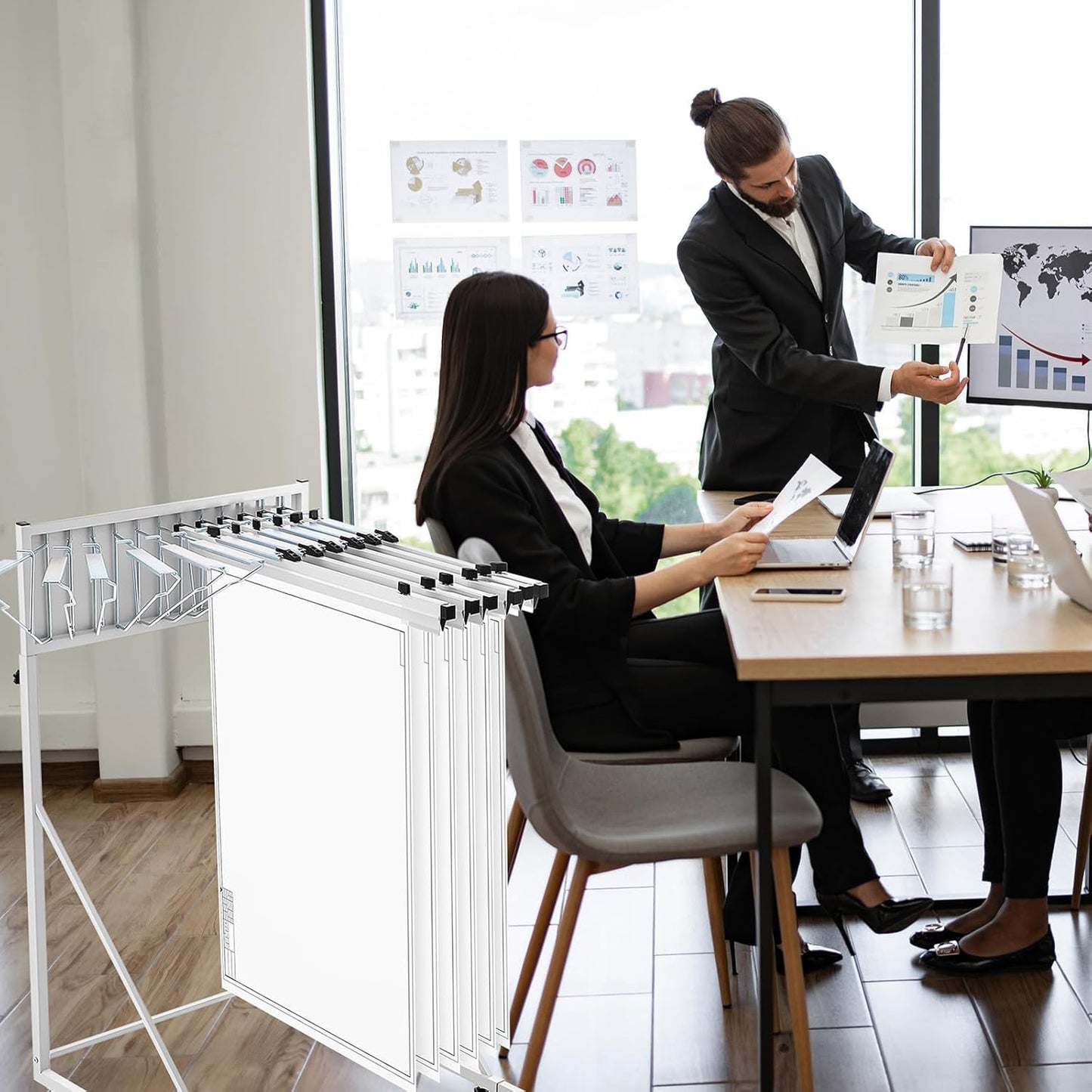 Estune Mobile Blueprint Holder Rack, Adjustable Mobile Blueprint Holder with 6 30 In Hanging Clamps 4 Wheels Poster Display Rack Storage Organizer Stand for File Display Plan Office Home(Silver)