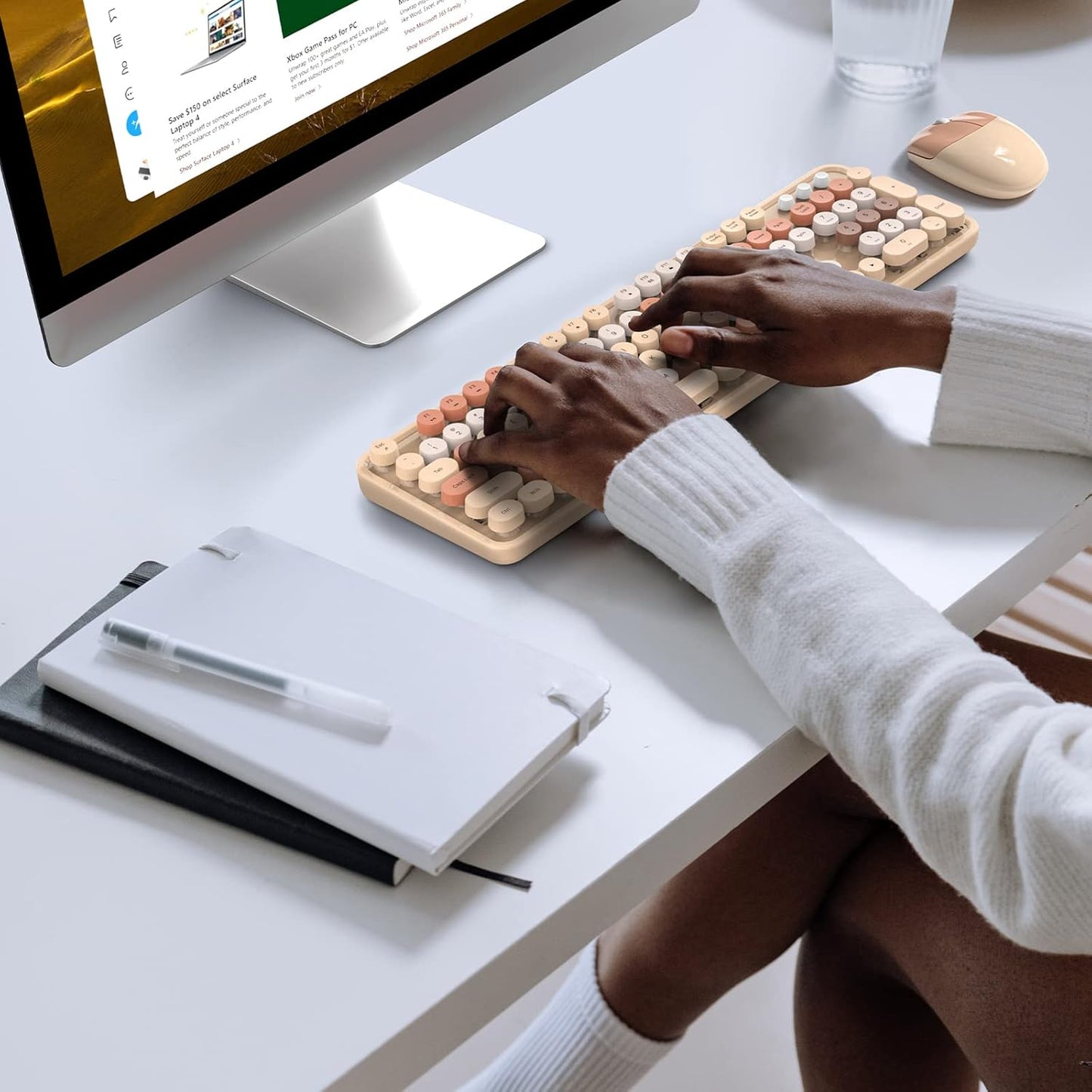 MOFII Wireless Computer Keyboard and Mouse Combo, Typewriter Full Size Keyboard with Number Pad and 2 in 1 USB Connected Mouse for PC Computer Laptop Desktop Windows (Milk Tea)