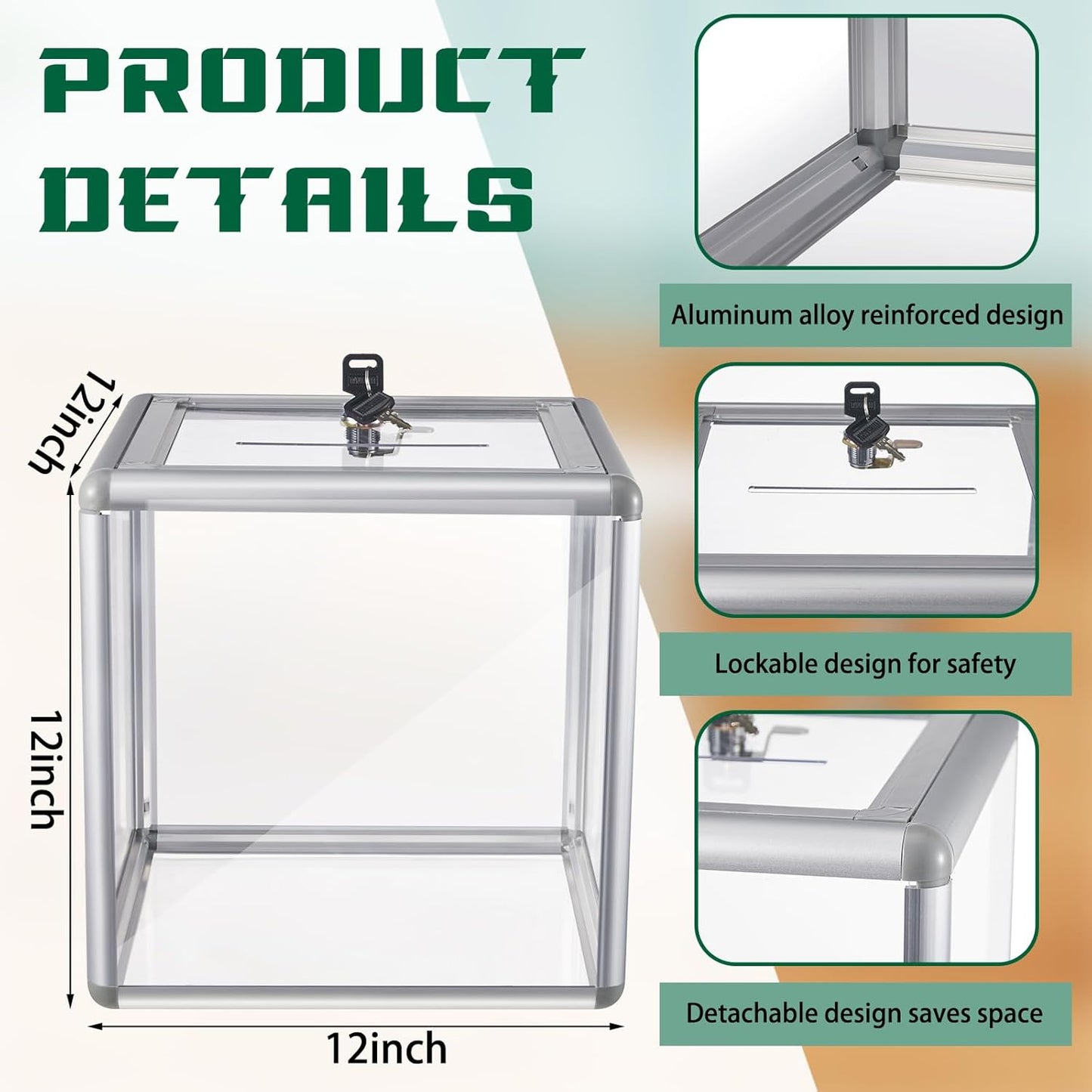 Acrylic Donation Raffle Box with Slot & Lock, Large Clear Ballot Offering Suggestion Ticket Holder for Fundraising Drawing Storage Container Tip Jar Voting Charity(12 x 12 x 12 In,Clear)