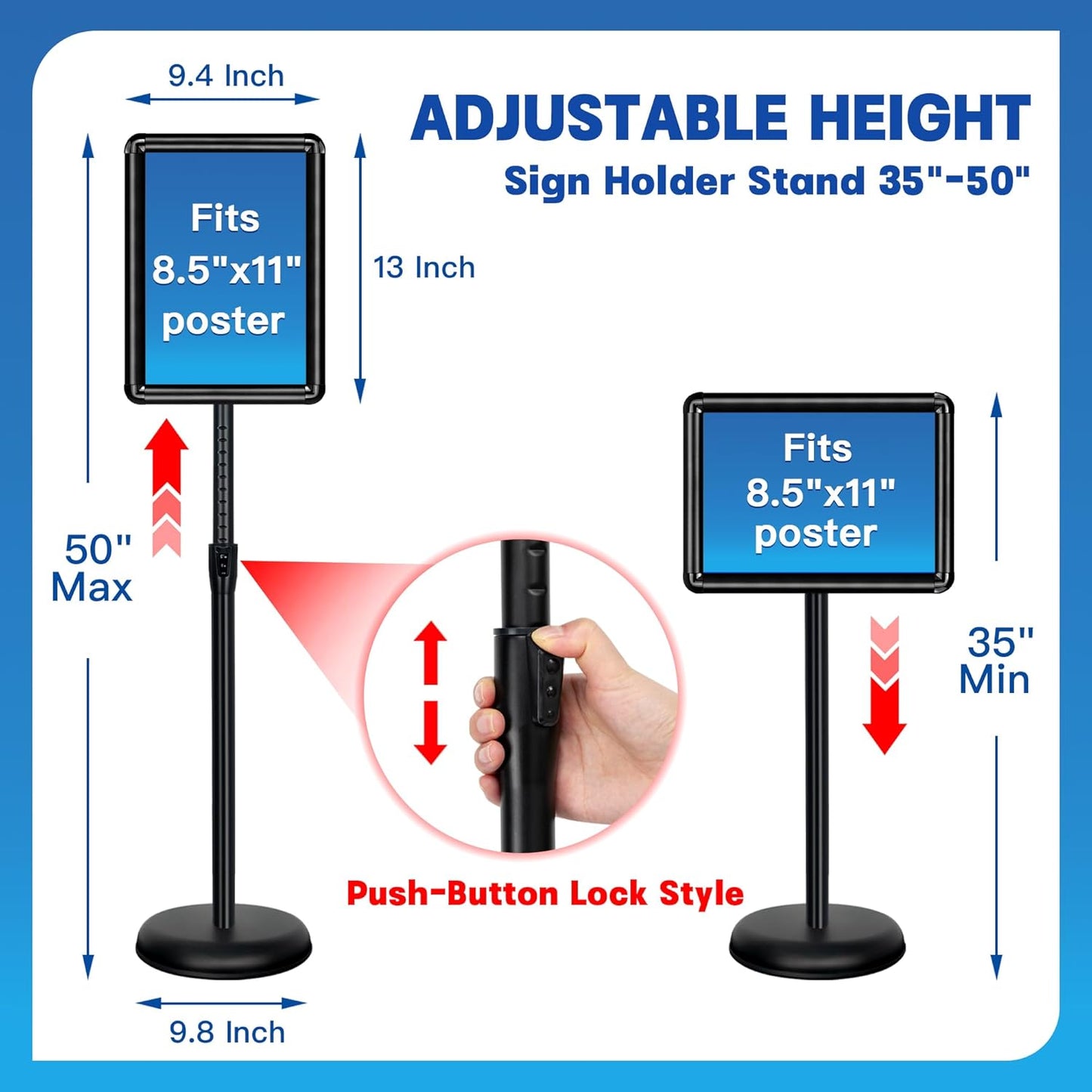 2 Pack Sign Stand for Display - Adjustable 8.5x11 Inch Floor Standing Sign Holder, Pedestal Poster Stand for Vertical&Horizontal View, Indoor&Outdoor Use for Business, Mall, Restaurant - Black