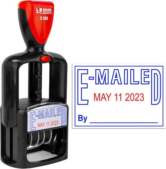 Self-Inking Rubber Date Office Stamp with E-Mailed Phrase - Blue Ink & Date Red Ink - 12-Year Band