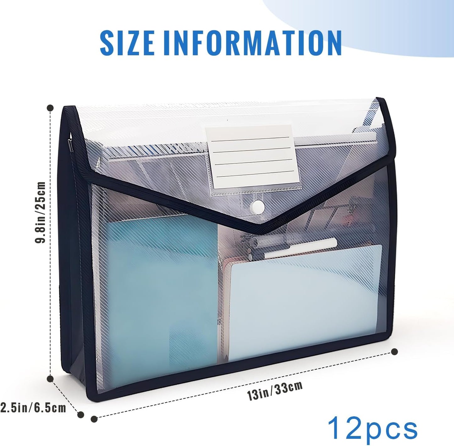 Plastic Expanding File Folder,Envelope Folders for Documents, File Folder Organizer Holder with Snap Closure,Waterproof Transparent File Folder,Large Capacity, Fit Letter/A4 Size (Black-12 Pack)