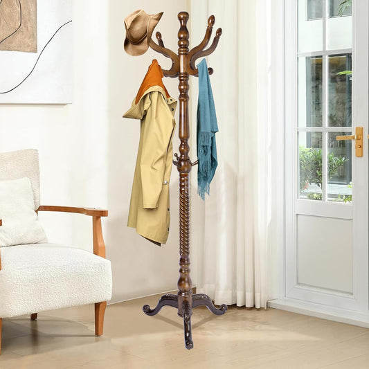 Wood Coat Rack Freestanding, Natural Coats Tree Stand with 11 Hooks, 74.8" Sturdy and Easy Assembly Coat Rack Stand for Entryway, Hallway, Bedroom, Bags, Hats (Tri-legged Base, Walnut)
