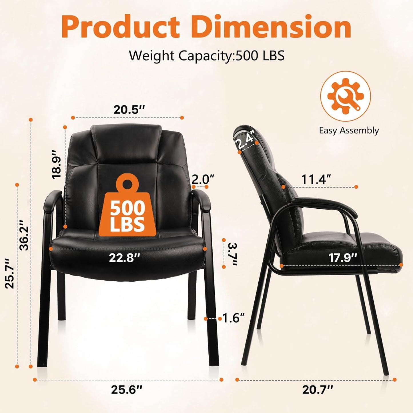 CLATINA Big & Tall 500 lb. Guest Chair, Leather Reception Chairs with Padded Arm Rest for Waiting Room Office Home and Meeting Conference-Black, 2 Pack