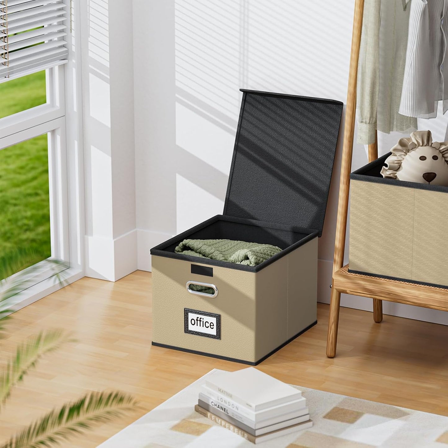 Huolewa Portable Leather File Organizer Boxes with Lids, Office Document Boxes Organizer, Filing Boxes, Decorative Small File Boxes for Hanging Files with Plastic Slide for Office/Decor/Home