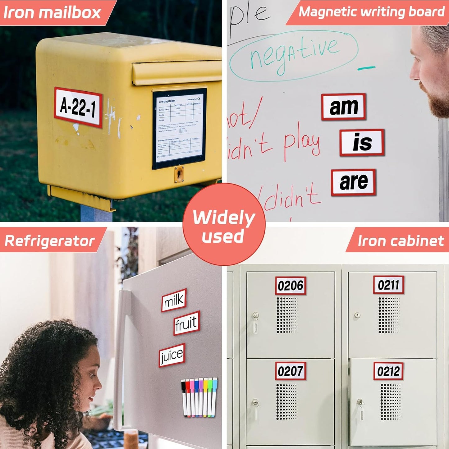 20Pcs Magnetic Plastic Label Holder 2x4 inch for Supermarket Store Price Tag, Metal Shelf File Storage Cabinet Drawer Label Tag Resuable with 8 Color Chalk Makers, 20Pcs White Paper (Red)