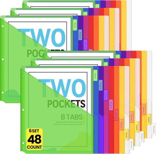 Sooez 48 Count Dividers with Pockets, 8 Tabs Binder Divider for 3 Ring Binders, Binder Dividers with tabs, Binder Divider with Pockets for US Letter Size, Insertable Big Tabs, Multicolor, 6 Sets