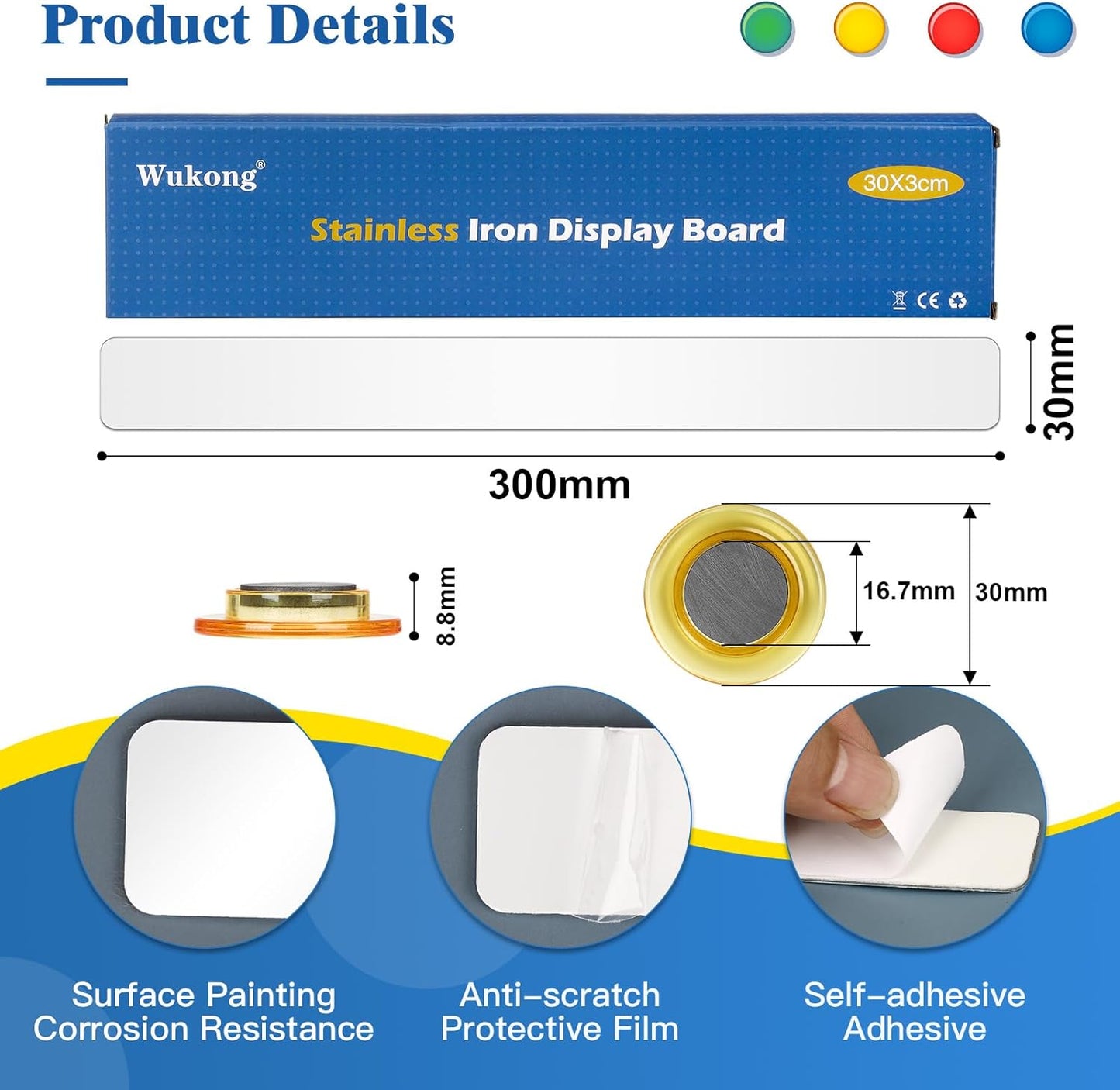 Wukong 6 Pack | 30x3cm(11.81 x 1.18) Magnetic Stainless White Boards Strips, Adhesive Backing Bulletin Bar Board, Memo Board with 16Pcs Colorful Magnets for Office, Home, Photo Wall, Documents