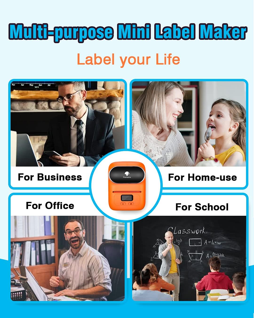 Phomemo M110 Label Maker- Mini Portable Bluetooth Thermal Label Printer for Clear Label, Barcode, Clothing, Office, Business, Compatible with Android & iOS, Orange