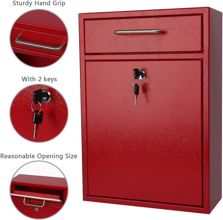 KYODOLED Steel Key Lock Mail Boxes Outdoor, Locking Wall Mount Mailbox, Security Key Drop Box, Collection Boxes,16.2H x 11.22L x 4.72W Inches, Red X Large