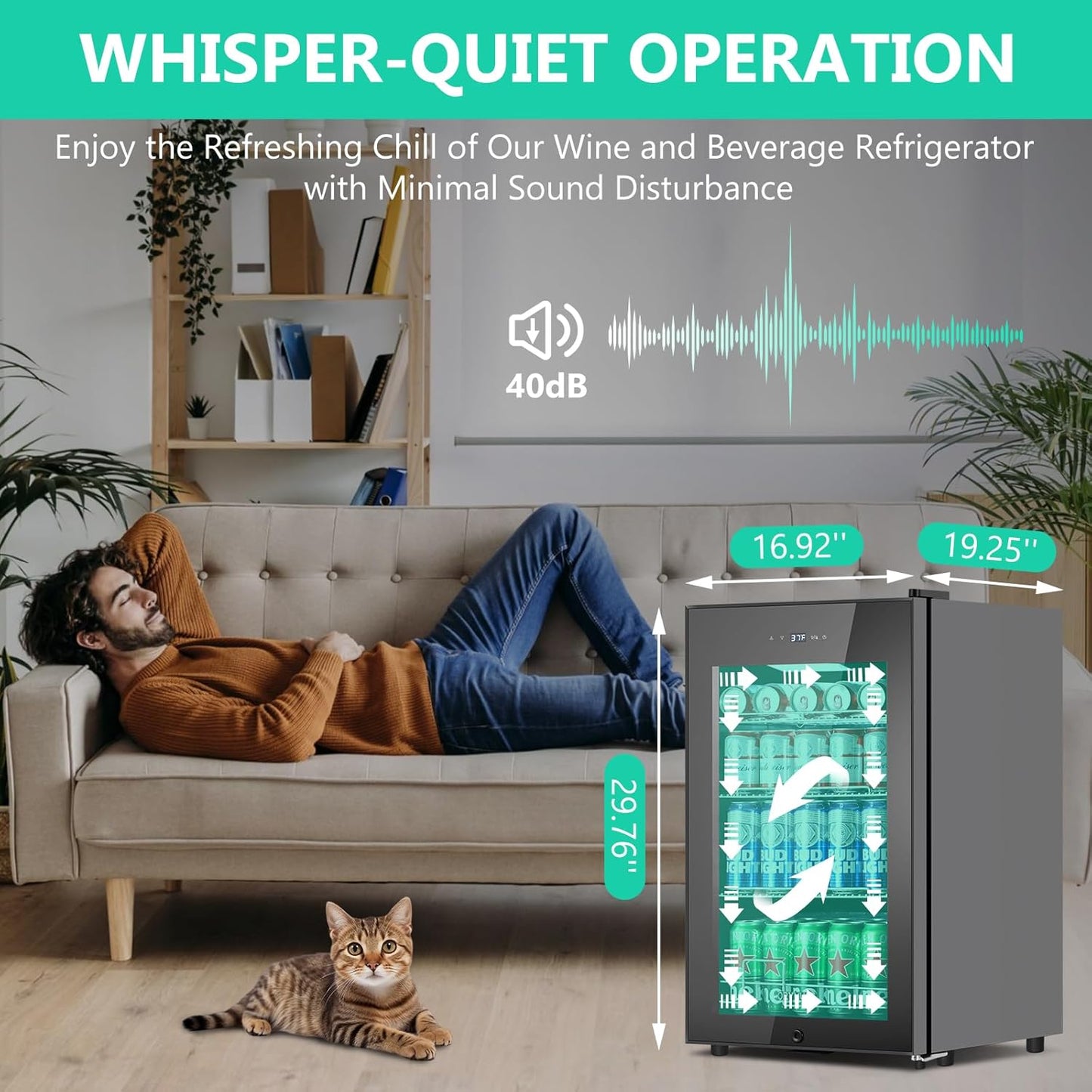 101 Cans Compressor Beverage Refrigerator, 17 Inch Drink Fridge with Glass Door, Adjustable Removable Shelves, Quiet Operation, Temp Memory, Beer Cooler for Soda, Beer, Water, Home Bar, Office