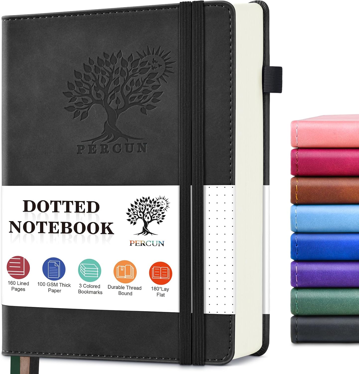 PERCUN Dotted Journal Notebook for Men & Women, 160 Pages Dot Grid notebook for Note Taking, Bullet Journaling Notebook for Work, School, Travel, Writing, A5 Hardcover 5.9" x 8.5"(Black)