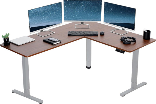 VIVO Electric Corner L-Shaped 63 x 55 in Standing Desk, Memory Height Adjustment, Dark Walnut Top Gray Frame, DESK-E3CTGD