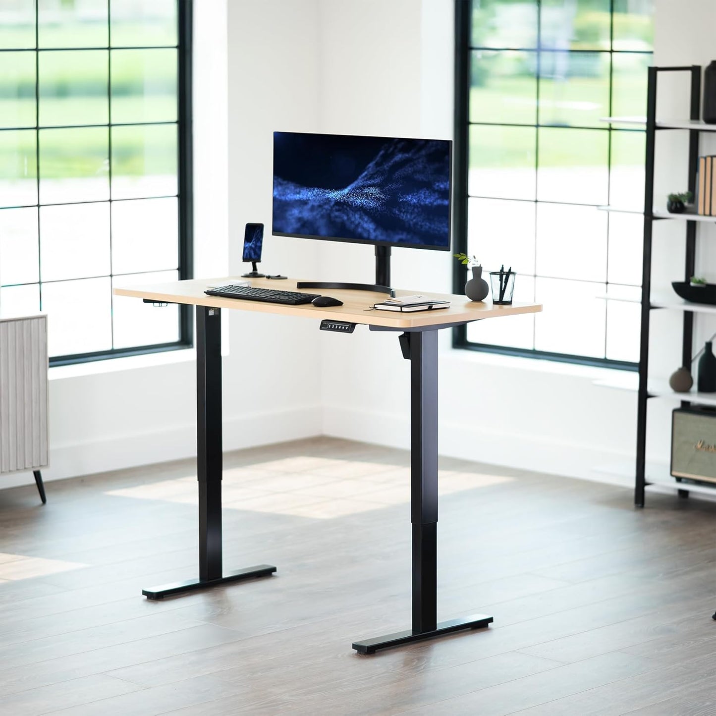 VIVO Electric 55 x 28 in Standing Desk, Memory Height Adjustment, 1B Series, One-Piece Light Wood Top, Black Frame, DESK-KIT-1B55C