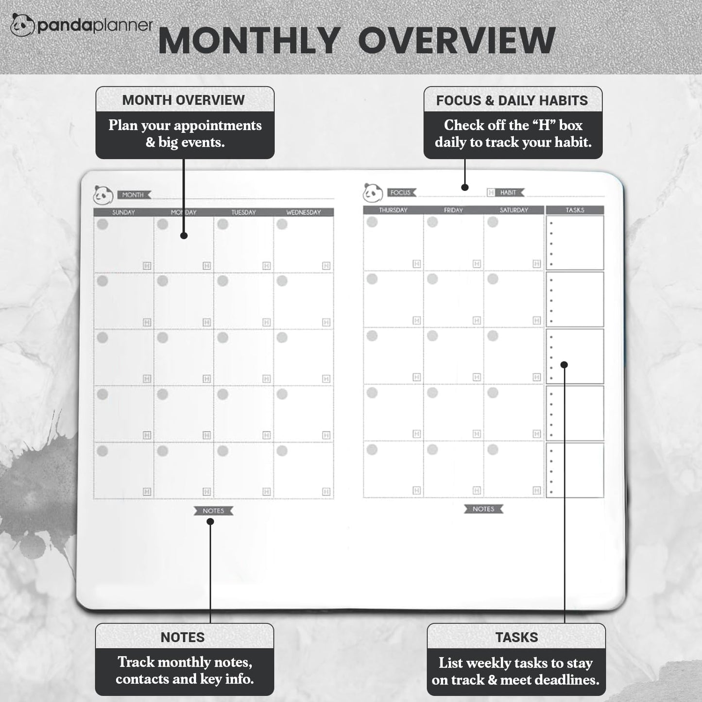 Panda Planner Undated Daily Planner - 90 Day Organization - Productivity For Entrepenuers - Set Goals - Bonus Weekly & Monthly Agenda - Grey - Hardcover
