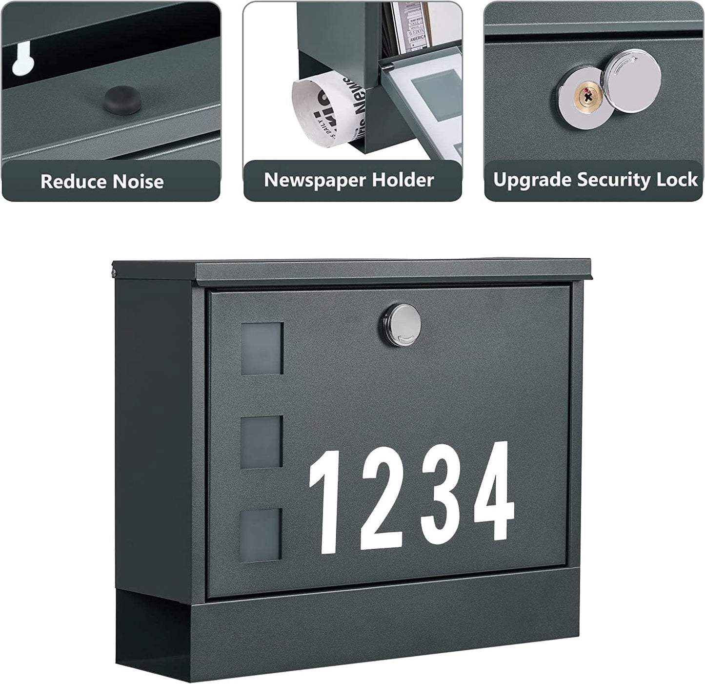 LAND·VOI Locking Mailbox Wall Mounted, Metal Postbox with Three Sets of Mail Box Number Stickers, 4 Keys, 14.4" x 4.5" x 11.2", Large Capacity, Anthracite Gray AMB11G