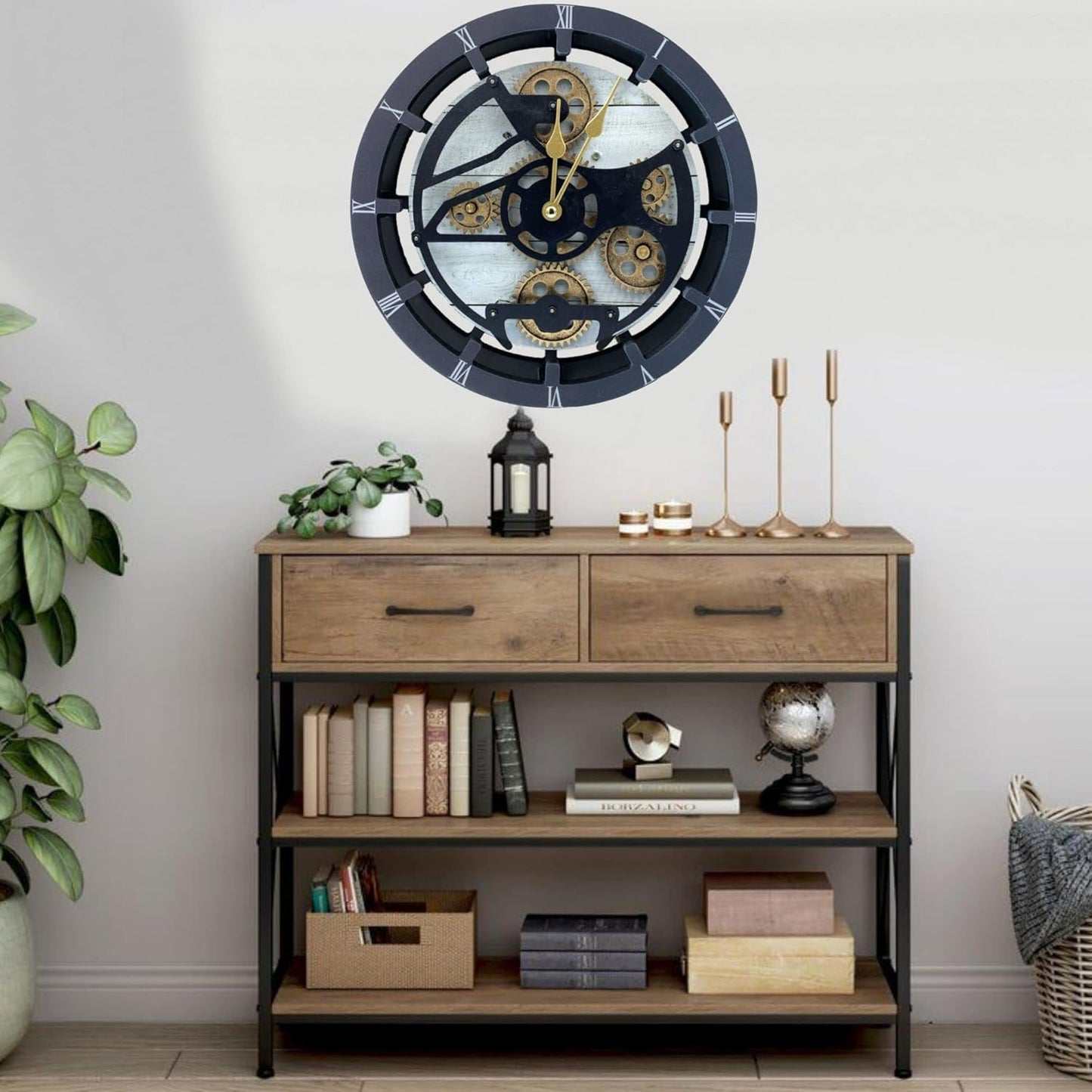 The Gears Clock 16 inches Wall Clock with Real Moving Gears Convertible into a Big Mantel Clock (White Farmhouse)