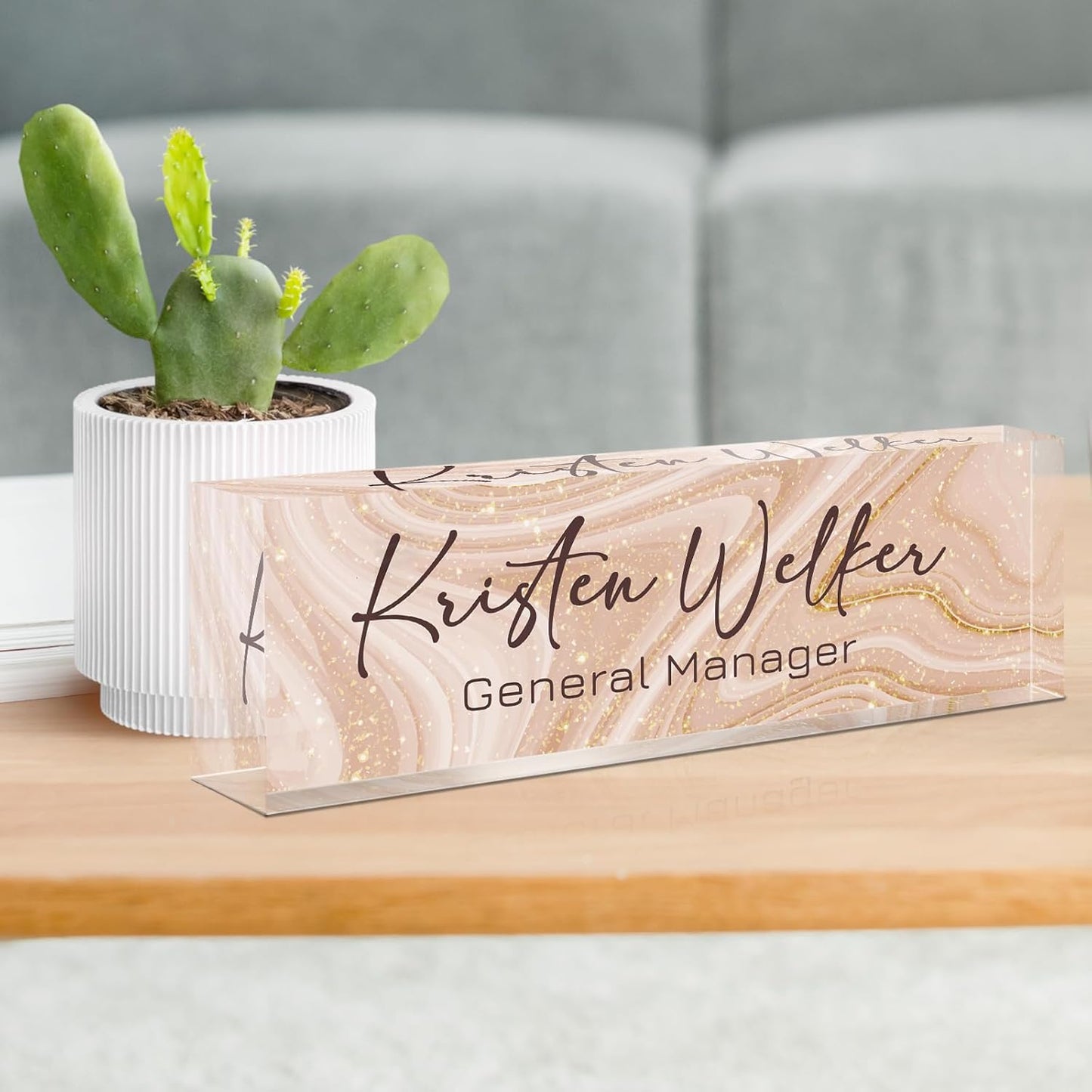 Gowellly Desk Name Plate Personalized - Custom Acrylic Name Plate for Desk - Enterprise Custom Logo/Text nameplates - Employee Appreciation Gifts (Light Pink-1)