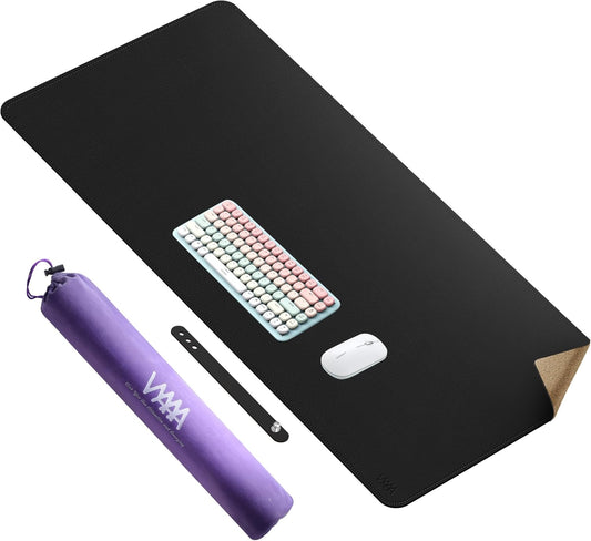 Vyaaa PU Leather & Cork Desk Mat, 39.4"x15.7" Dual Sided Computer Desk mat, Waterproof Large Mouse Pad, Non-Slip Office Desk pad, Office Desk Protector for Work/Gaming/Home (Black)