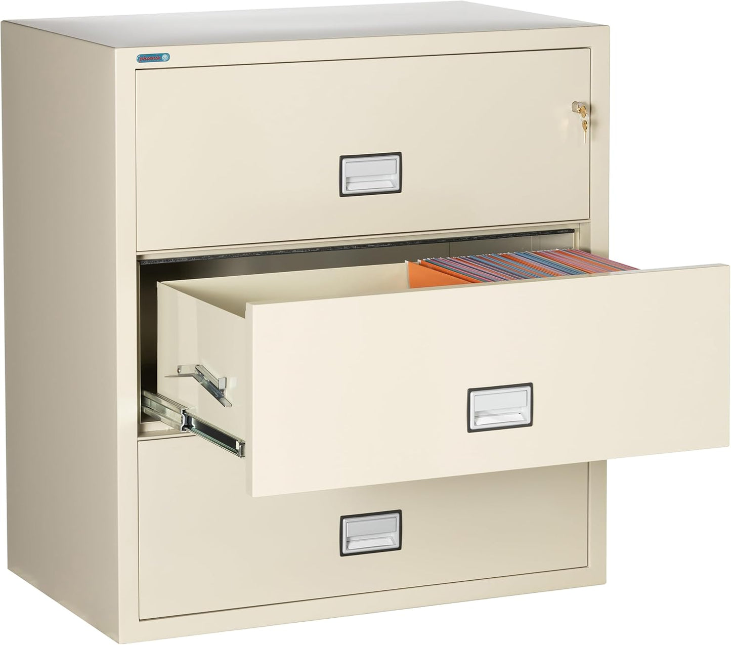 38 inch Wide 3-Drawer Lateral Fireproof File Cabinet – Legal and Letter Size Filing – Key Lock – Water Resistant – Fire Safe and Impact Rated – Putty Finish – Model LAT3W38P