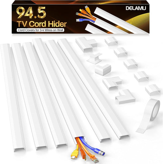 Delamu Large TV Cord Hider Wall, 94.5in Cord Covers for 3-4 Wires on Wall, Easy Set up Cable Hider Cable Management, Wire Hiders Wire Covers for TV Cords, Cables Cover Raceway, 6x W1.18 H0.67in, White