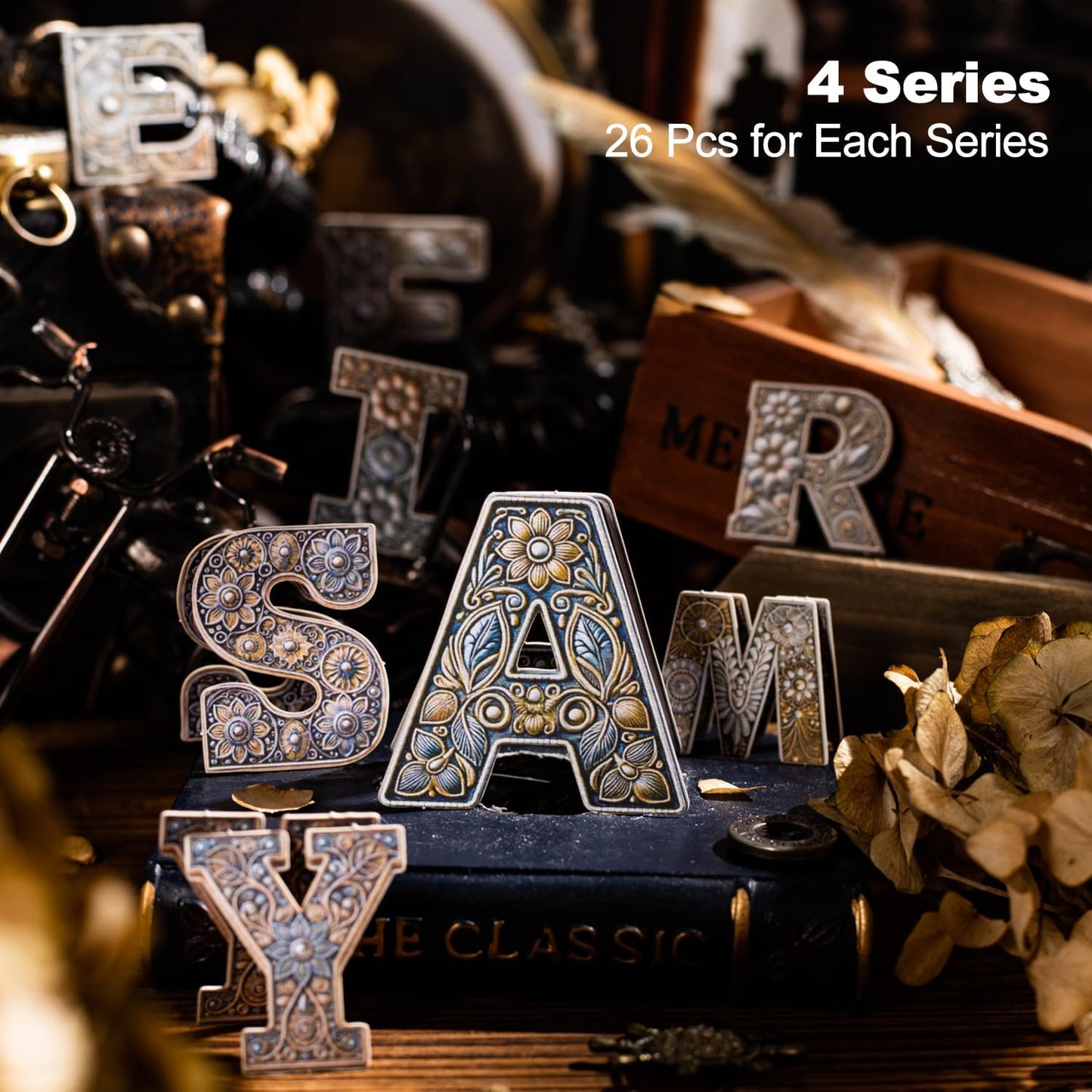 104Pcs Alphabet Hard Card Stickers Set, Vintage Letter Stickers for Scrapbooking, DIY Crafts, Journaling, and Junk Journal Ephemera