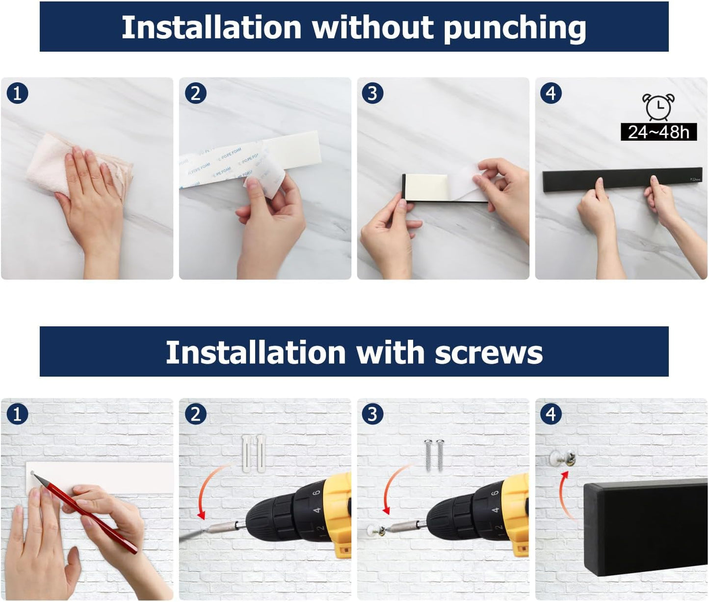 Dmore magnetic knife holder for wall—with 3 hooks, No Drilling 16 Inch black knife magnetic strip, Powerful knife magnet rack, include Adhesive Tape and screws for Knives, Utensils, and Tools