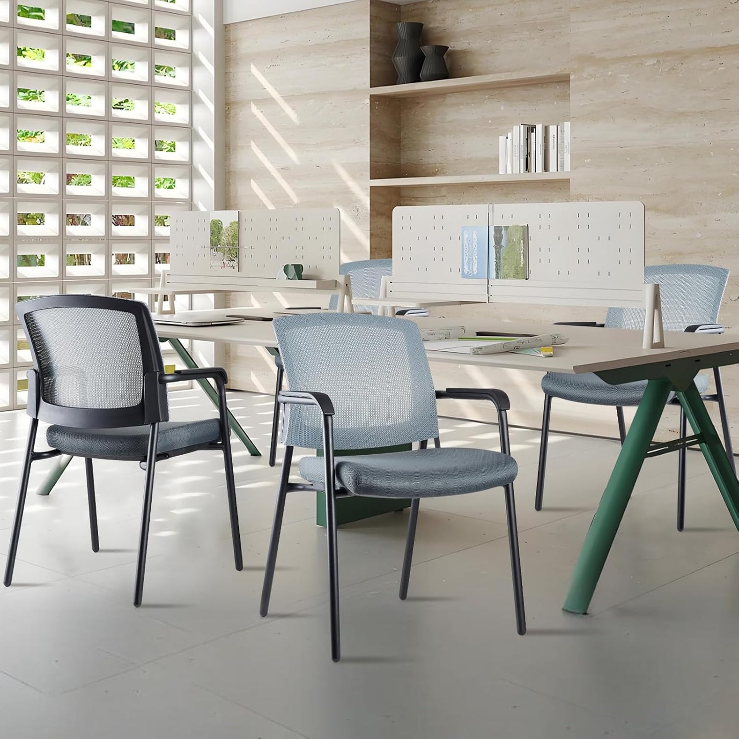 CLATINA Office Reception Guest Chair Mesh Back Stacking with Ergonomic Lumbar Support and Thickened Seat Cushion for Waiting Conference Room Gray 4 Pack