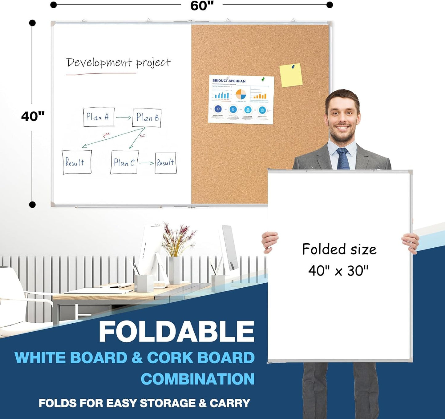 Large White Board Dry Erase Foldable Cork Board Combo, 60" x 40" Double Sided Dry Erase Board for Wall, Magnetic Whiteboard Cork Board Combination for Office, Home, School, Kitchen