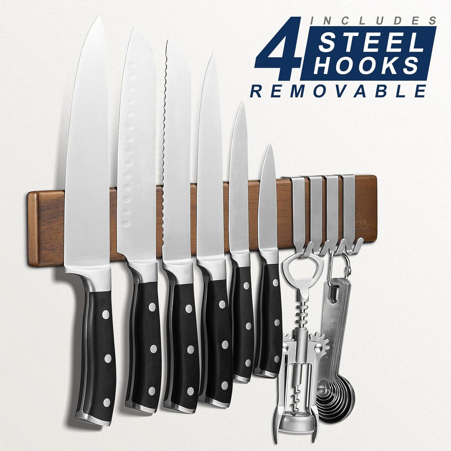 ENOKING Magnetic Knife Holder for Wall, Knife Magnetic Strip No Drilling 16 Inch, Powerful Kitchen Knife Magnetic Holder, Acacia Wood Knife Magnet for Kitchen Utensil Organizer with 4 Hooks