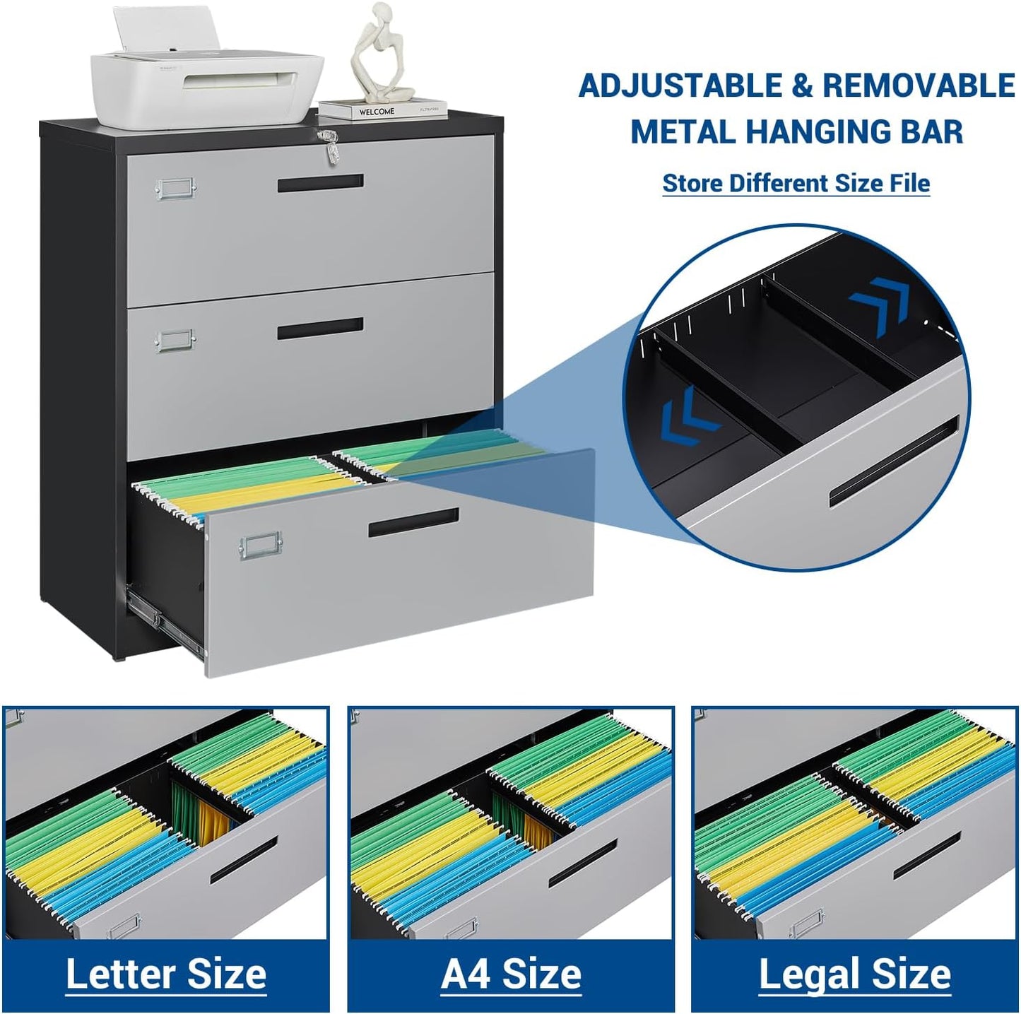 3 Drawer Lateral File Cabinet with Lock, Metal Steel Filling Cabinets for Home Office, Gray Lockable Storage Cabinet for Hanging Files Letter/Legal/F4/A4 Size-Assembly Required