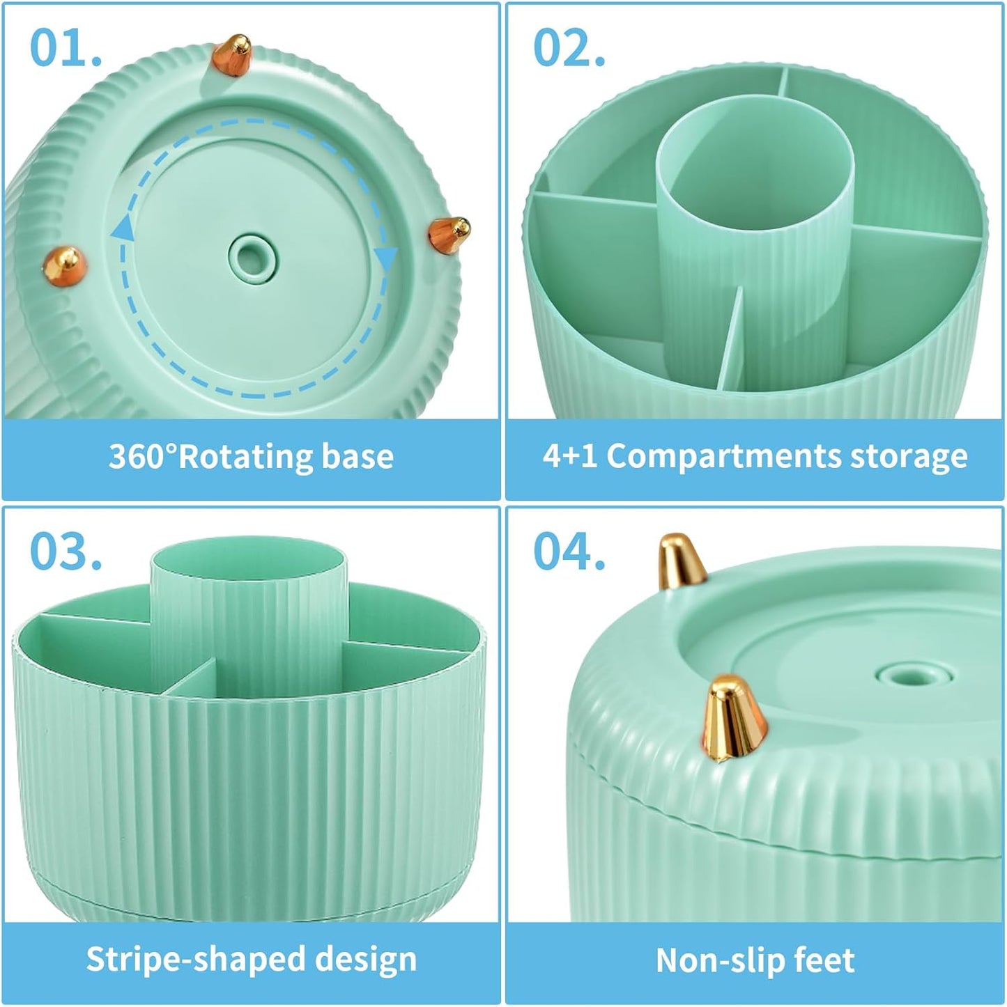 Marbrasse Desk Organizer, 360-Degree Rotating Pen Holder, Desk Organizers and Accessories with 5 Compartments Pencil Holder, Art Supply Storage Box Caddy for Office, Home (Mint Green)