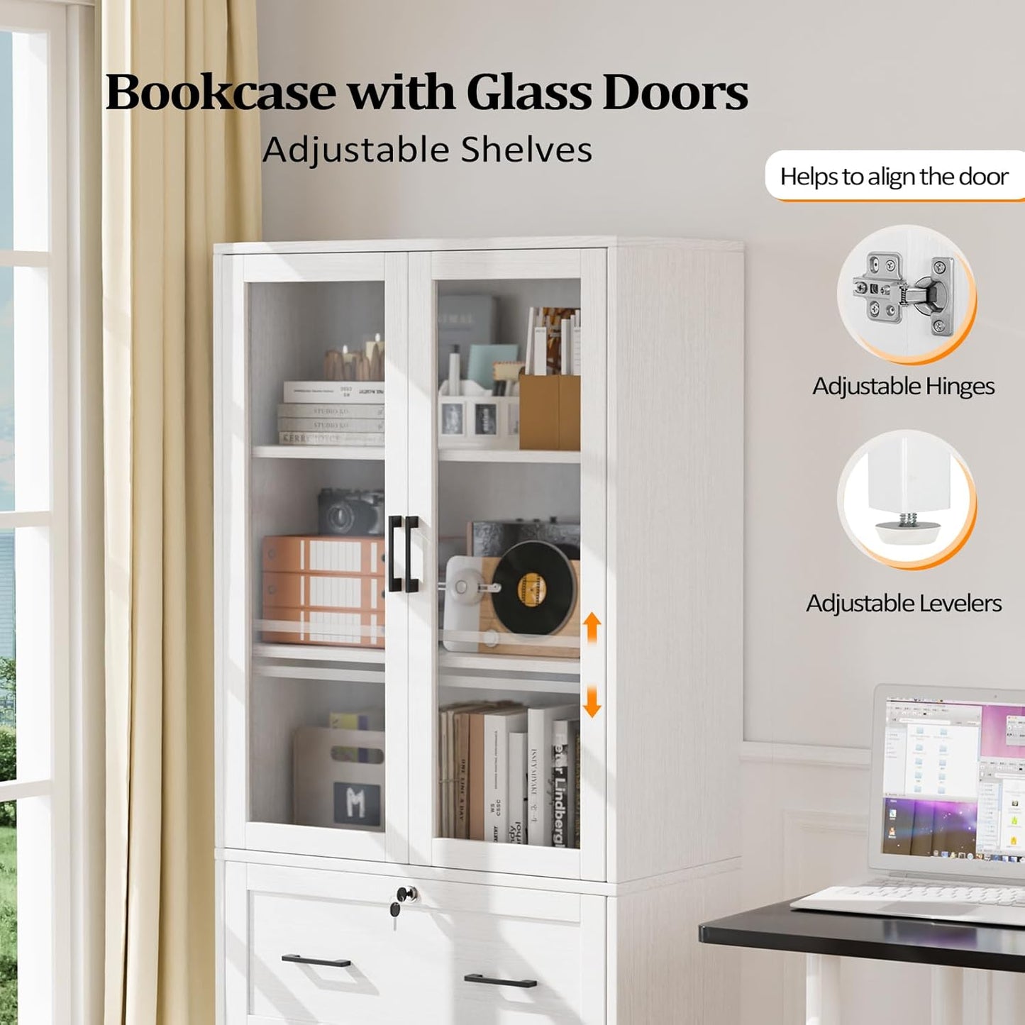 VINGLI Lateral File Cabinet with Glass Doors and 2 Locking Drawers for Hanging File Folders, Bookshelf with Adjustable Shelves for Home Office (White, 30''W x 16''D x 70''H)