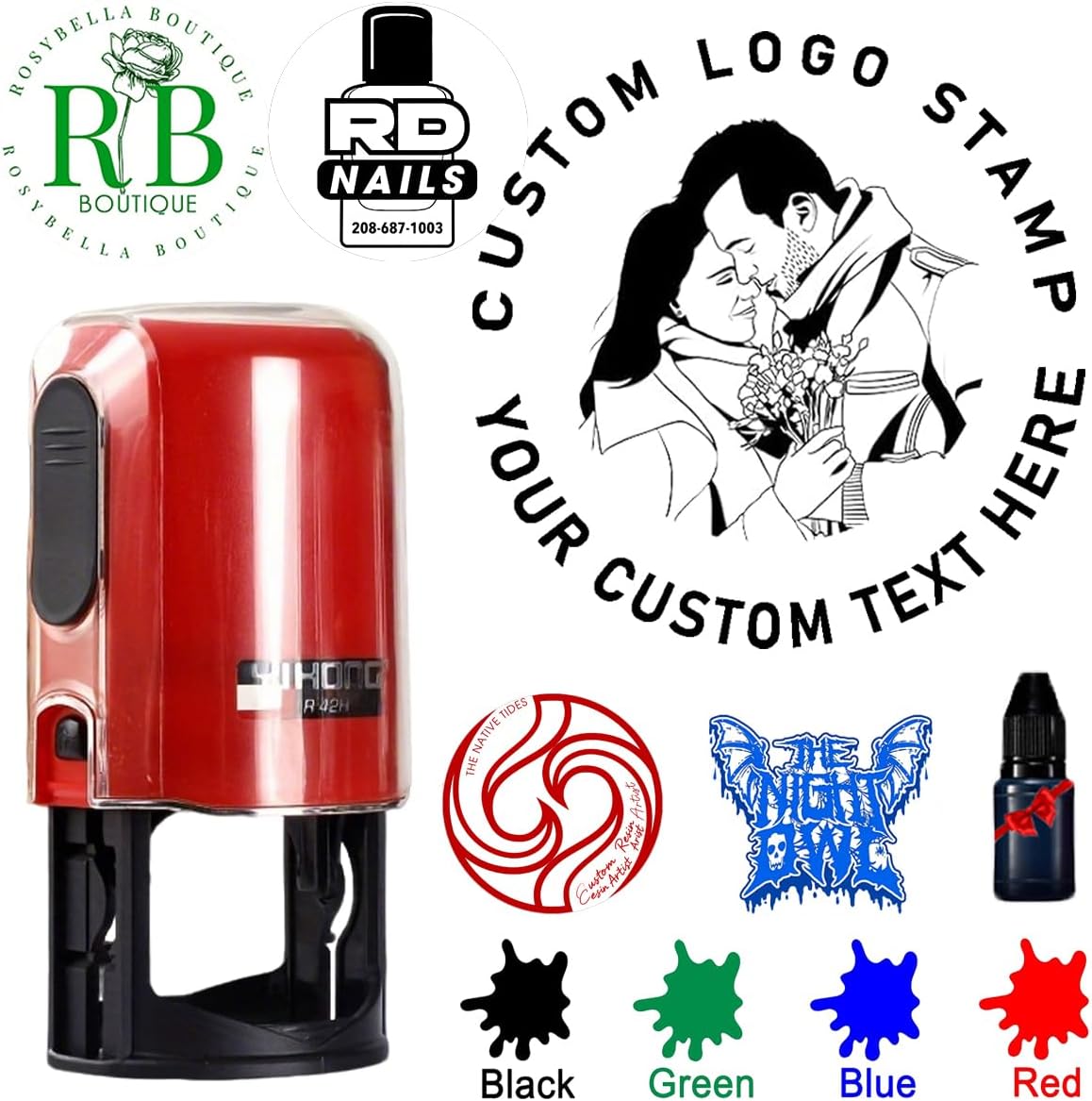 Custom Logo Stamp,Personalized Business Stamp Customized Self-Inking Stamp Business Logo Text Address Stamp-Round,4 Ink Colors Available (Red Case)